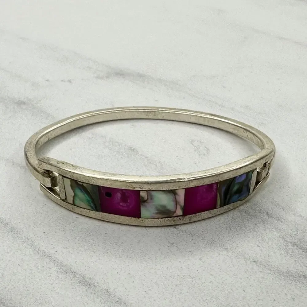 Vintage Abalone Pink Inlay Silver Tone Child Hinged Bangle Bracelet ✨